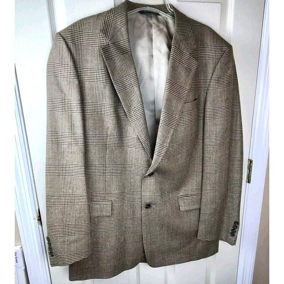 Burberry Kensington Wool Silk Suit Blazer Mens 42L Beige Houndstooth Sport Coat - Picture 1 of 16